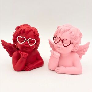 Cherub Angels Kissing Figurines Heart Glasses Red Pink Set Love Decor
